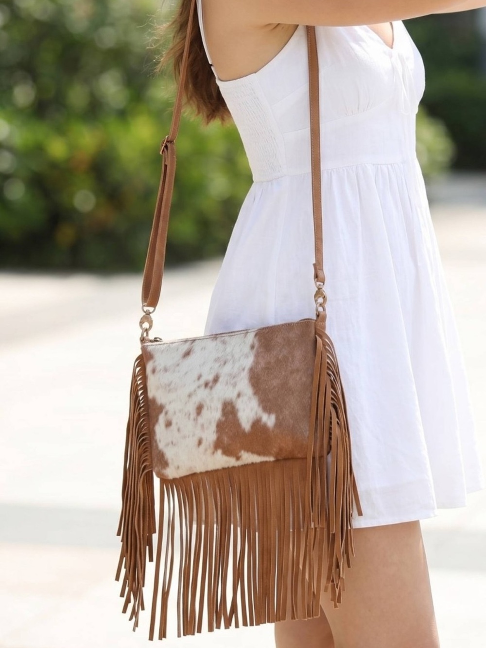 New Fringed Cowhide Crossbody Bag in Brown and White